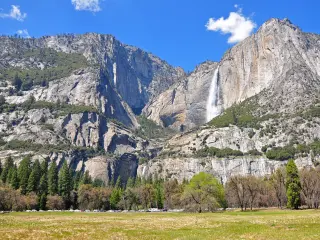 View of gushing Lower and Upper Yosemite Falls from Cook's Meadow Loop