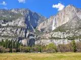 View of gushing Lower and Upper Yosemite Falls from Cook's Meadow Loop