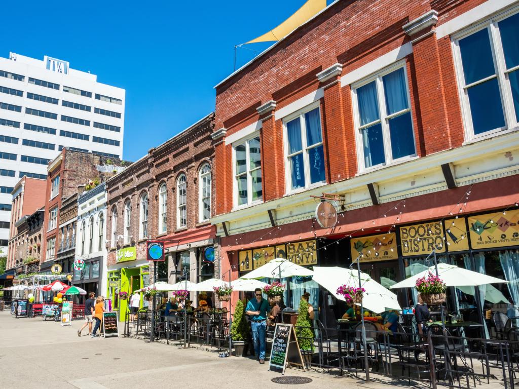 Historic buildings and commercial properties on the Market Square in Knoxville, TN.