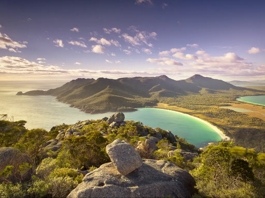 View down to Wineglass Bay from the top of Mount Amos in Tasmania, Australia