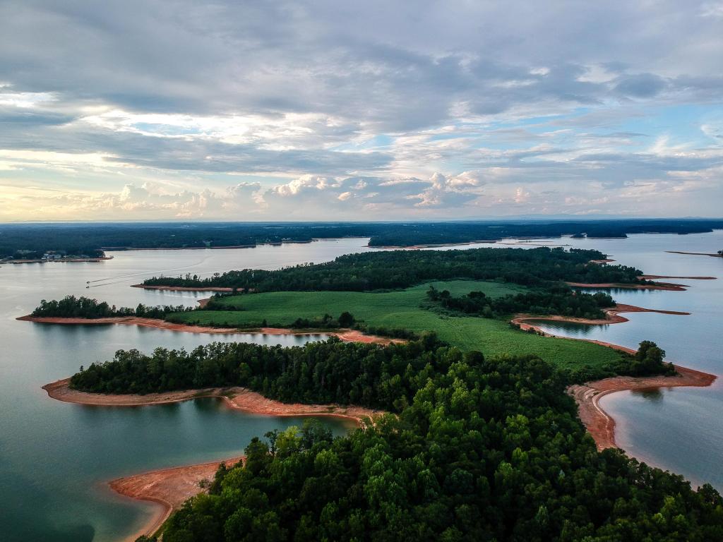 Peaceful waters around the jagged shoreline of Andersonville Island in Lake Hartwell
