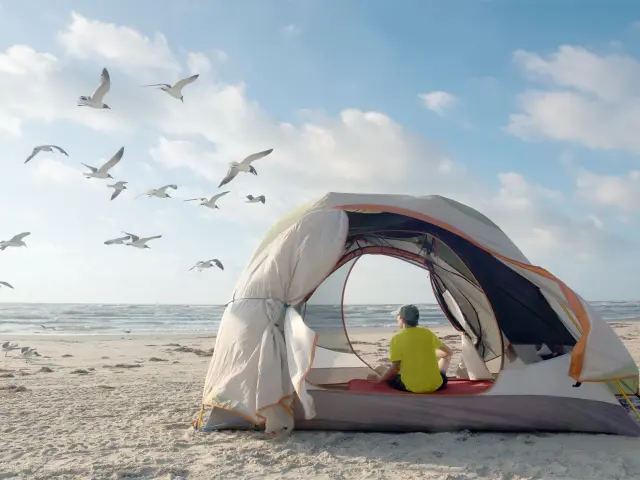 Person relaxing in a beach tent on Padre Island National Seashore with flying seagulls