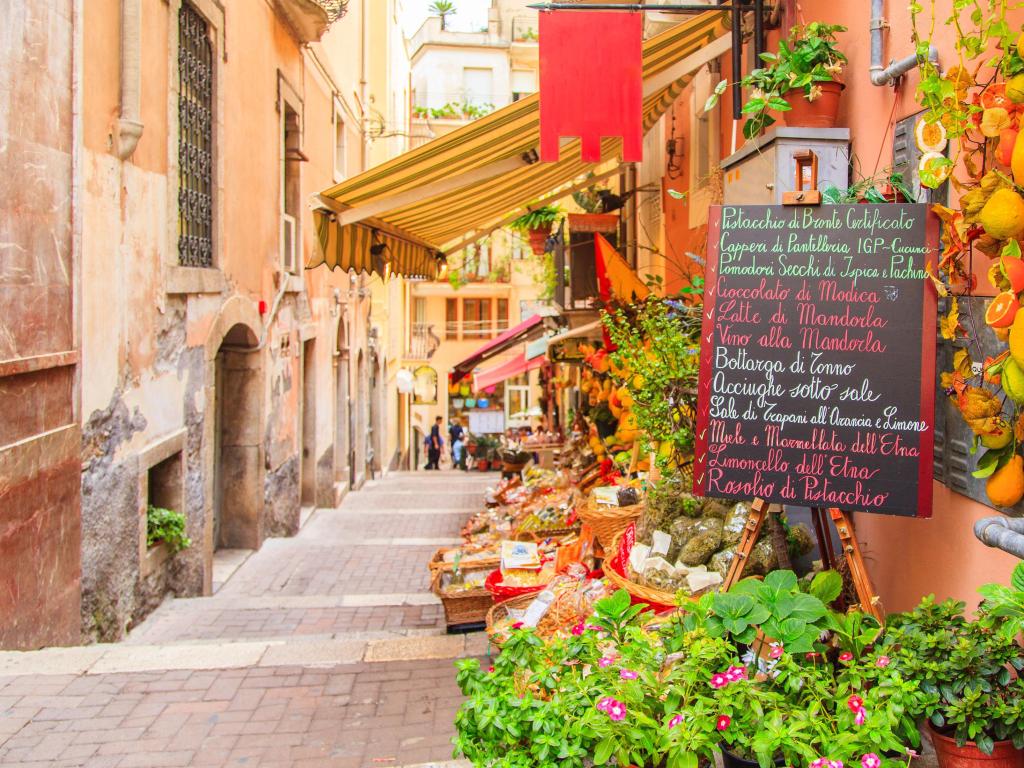 Beautiful, colorful entrance to local shop in Taormina, Sicily, Italy