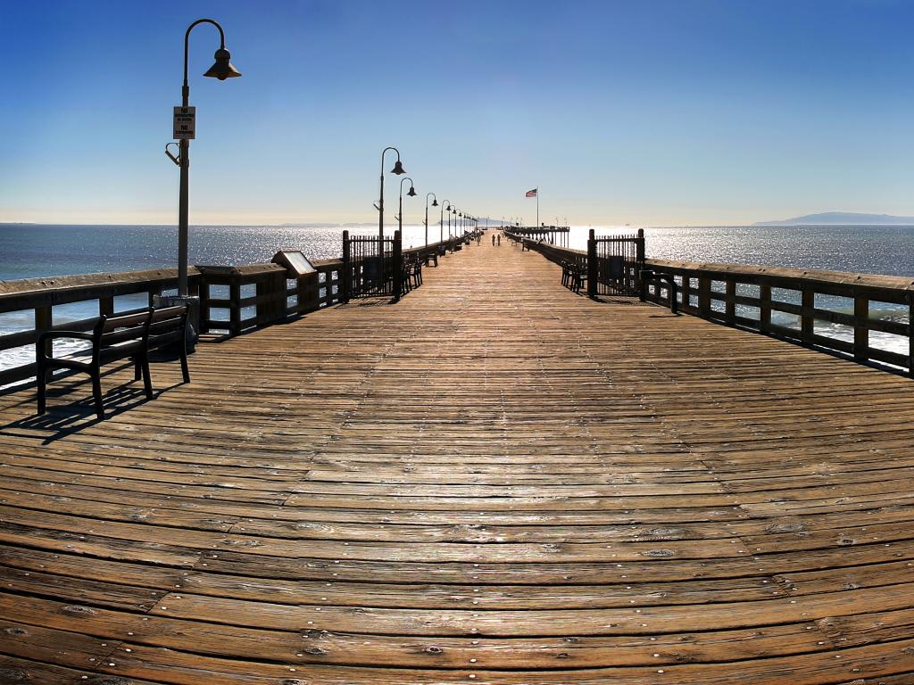 Ventura Pier and Santa Cruz Island on the horizon in Ventura, California