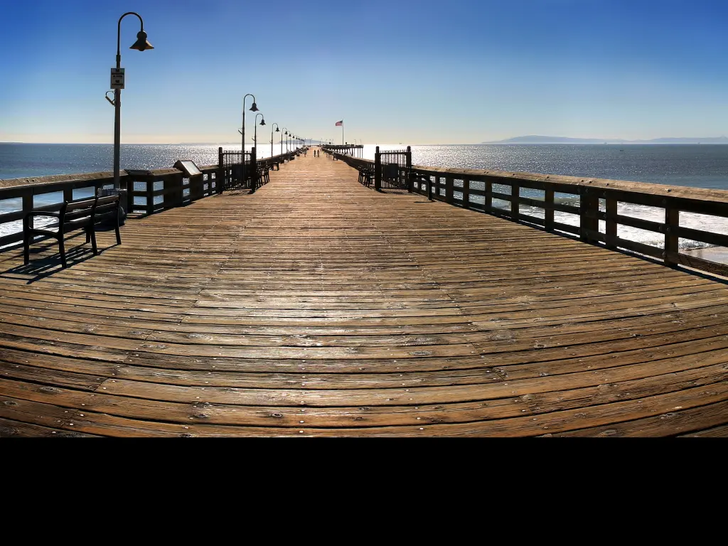 Ventura Pier and Santa Cruz Island on the horizon in Ventura, California