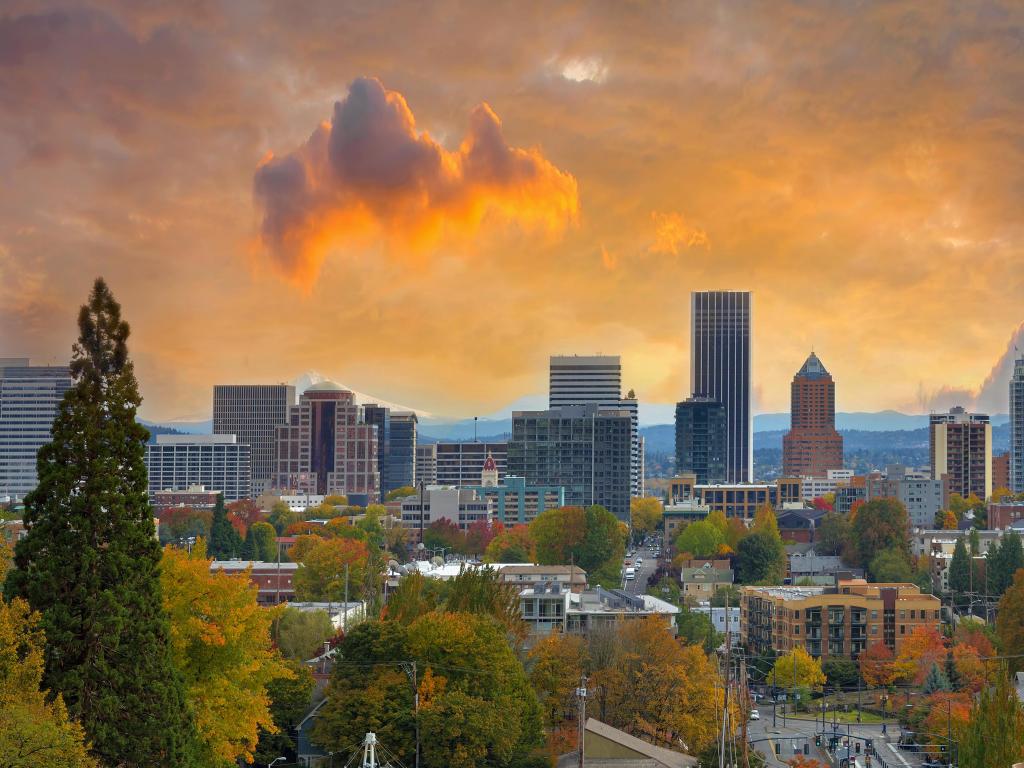Portland, Oregon, USA with the downtown city during sunset in the fall season.