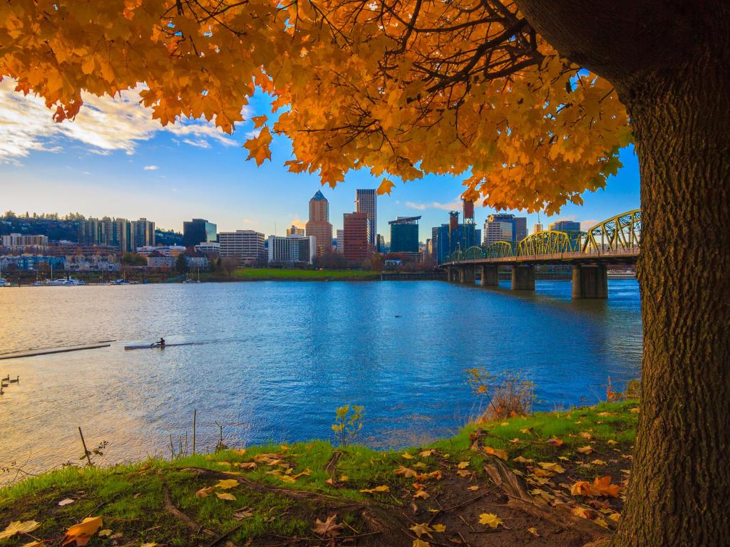 View of Portland, Oregon overlooking the willamette river on a Fall Afternoon