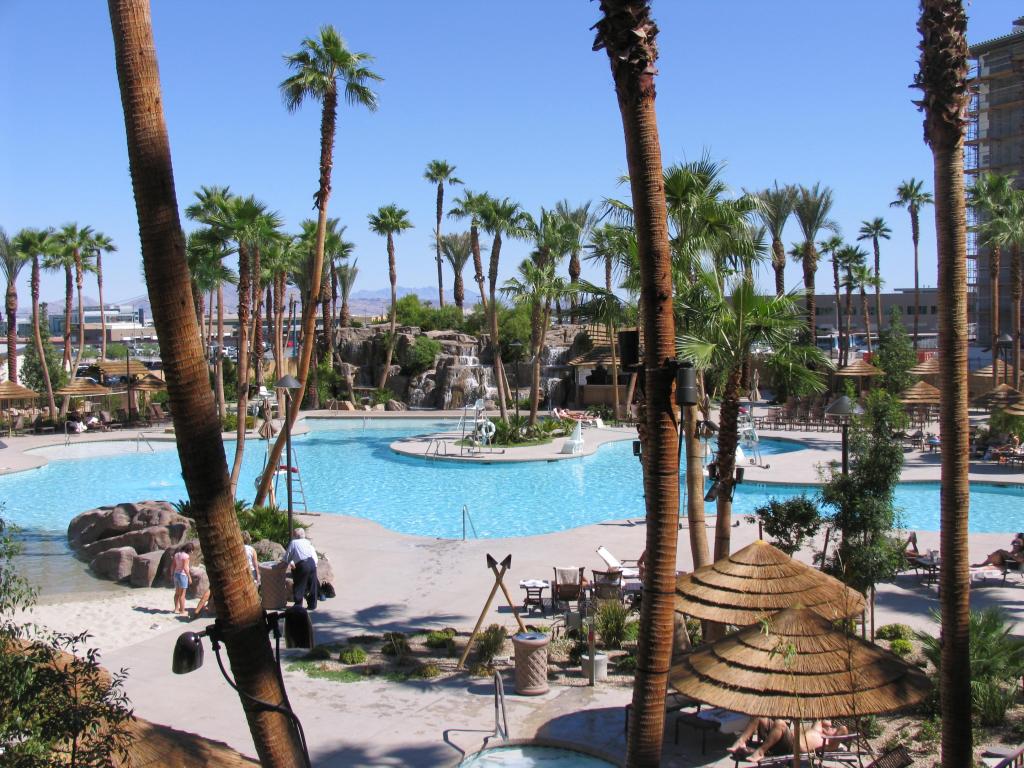 Pools of a Las Vegas hotel, designed like a village in Tahiti