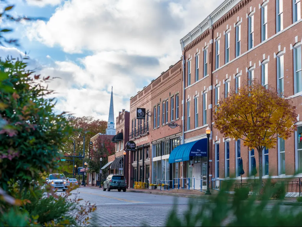 Bentonville, Arkansas, USA with a view of Walmart Museum downtown Bentonville.