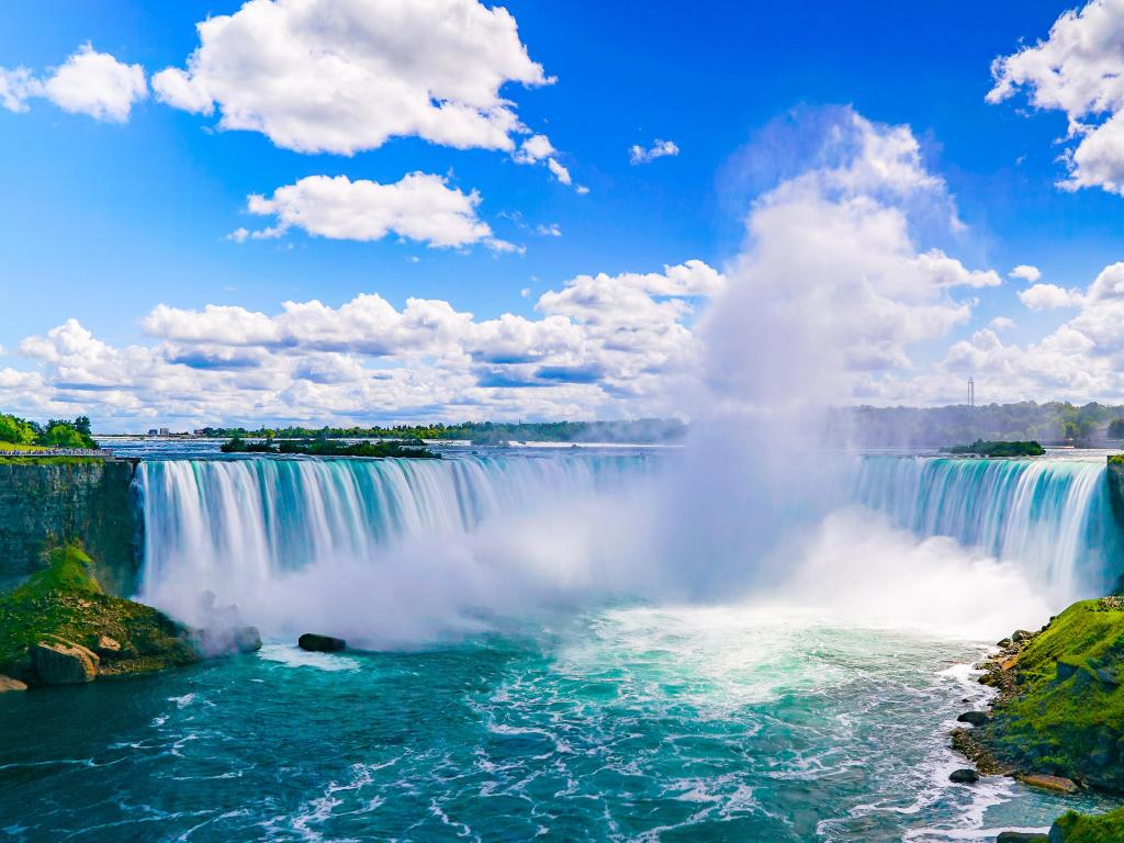 Niagara Falls, USA with the stunning waterfall in the center and taken on a sunny and cloudy day.