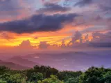 Georgia's Blue Ridge Mountains at sunset with trees in the foreground and an orange and purple sky above