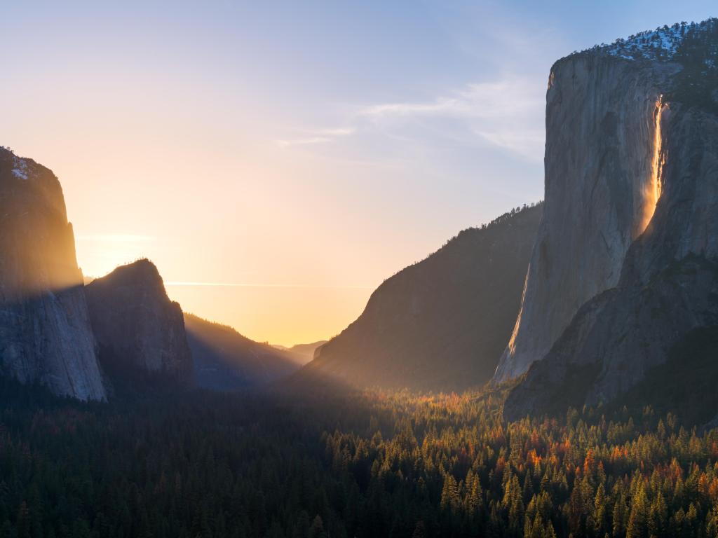 Horsetail Fall glows orange during sunset mid to late-February, which makes it look as if it is on fire