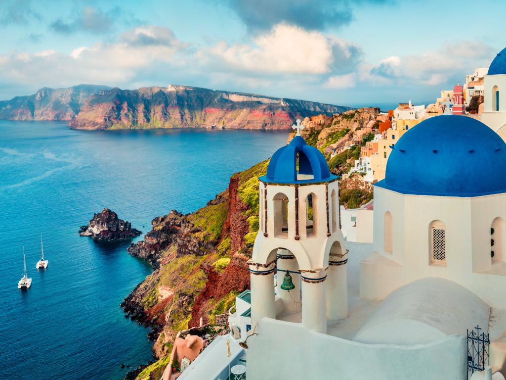 Panoramic view of Santorini island and sea from Oia, Greece