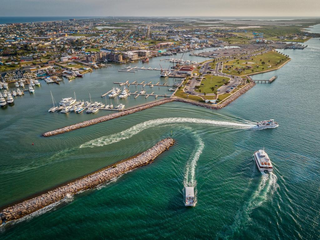 Port Aransas, Texas Marina, USA with a panoramic view of the boats through the port on a sunny day. 