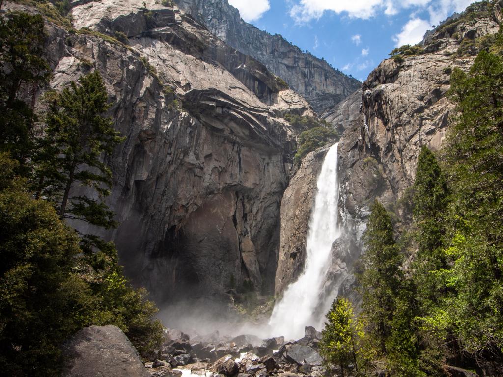 A worm's eye view with pine trees framing  Yosemite Falls in Yosemite National Park.