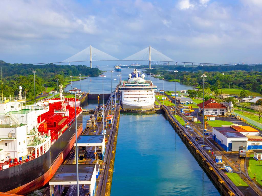 View towards the Atlantic Ocean from the Panama Canal, with a cruise ship in focus