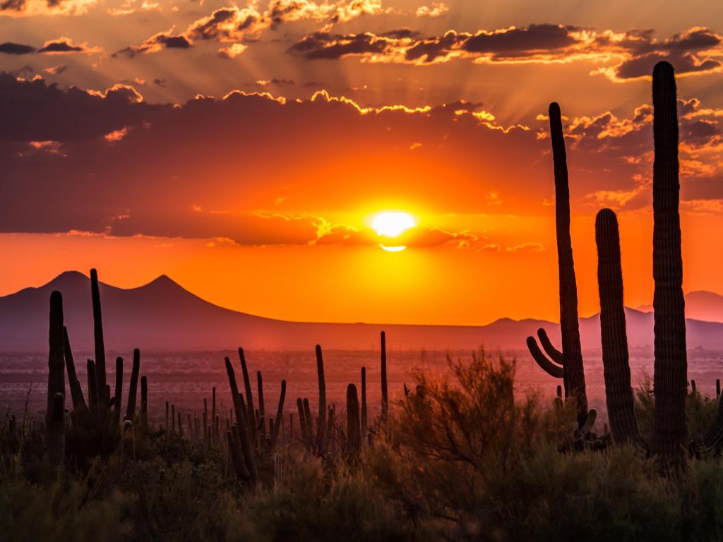 Sunset over mountain peaks in Tucson, Arizona