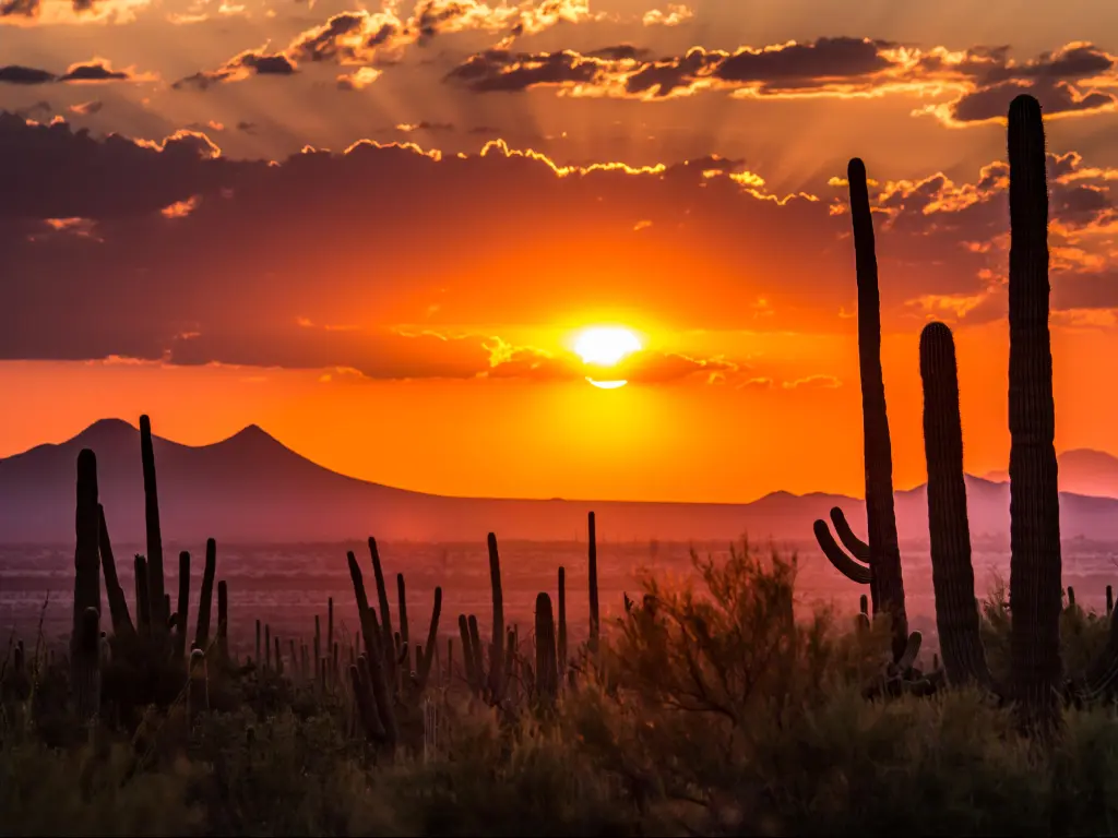 Sunset over mountain peaks in Tucson, Arizona
