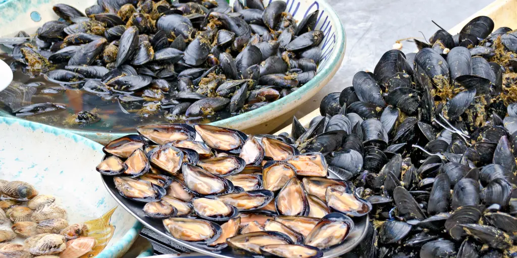 Bowls of shellfish at Gallipoli Fish Market in Puglia 