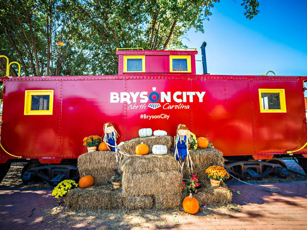 Famous Bryson City train (compartment) with pumpkins marking the autumnal atmosphere