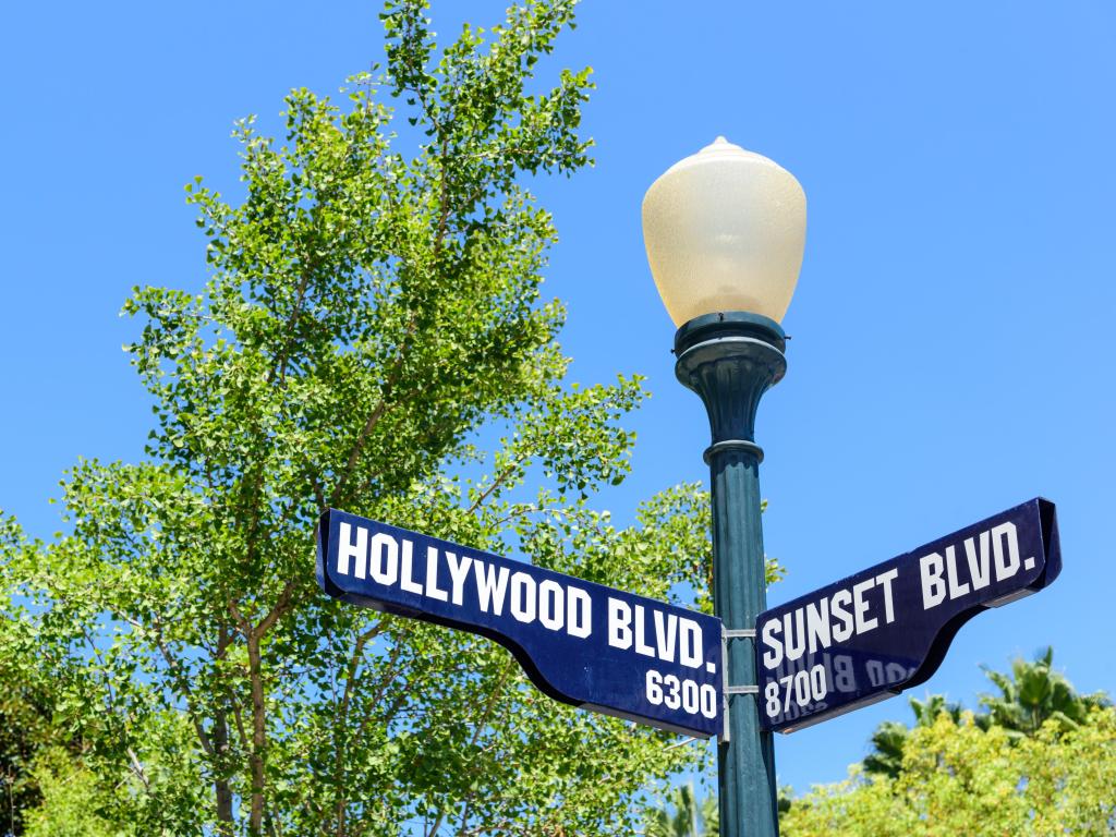 View of sign showing crossroads of Hollywood Boulevard and Sunset Boulevard 