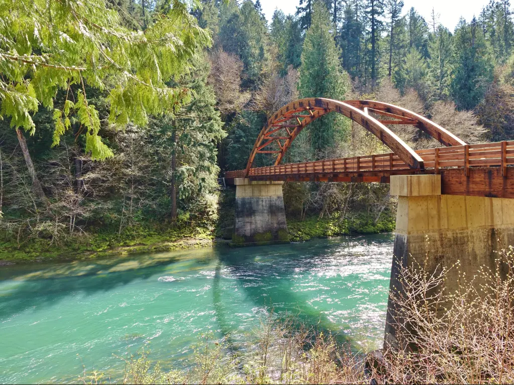 Roseburg, Oregon, USA with a wide view of the Tioga Bridge over North Umpqua River, trees in the background and taken on a sunny day.