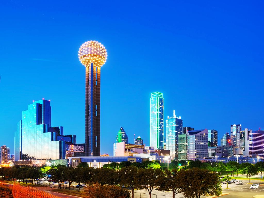 Reunion Tower, Dallas, USA taken as an overview of downtown Dallas in the night.