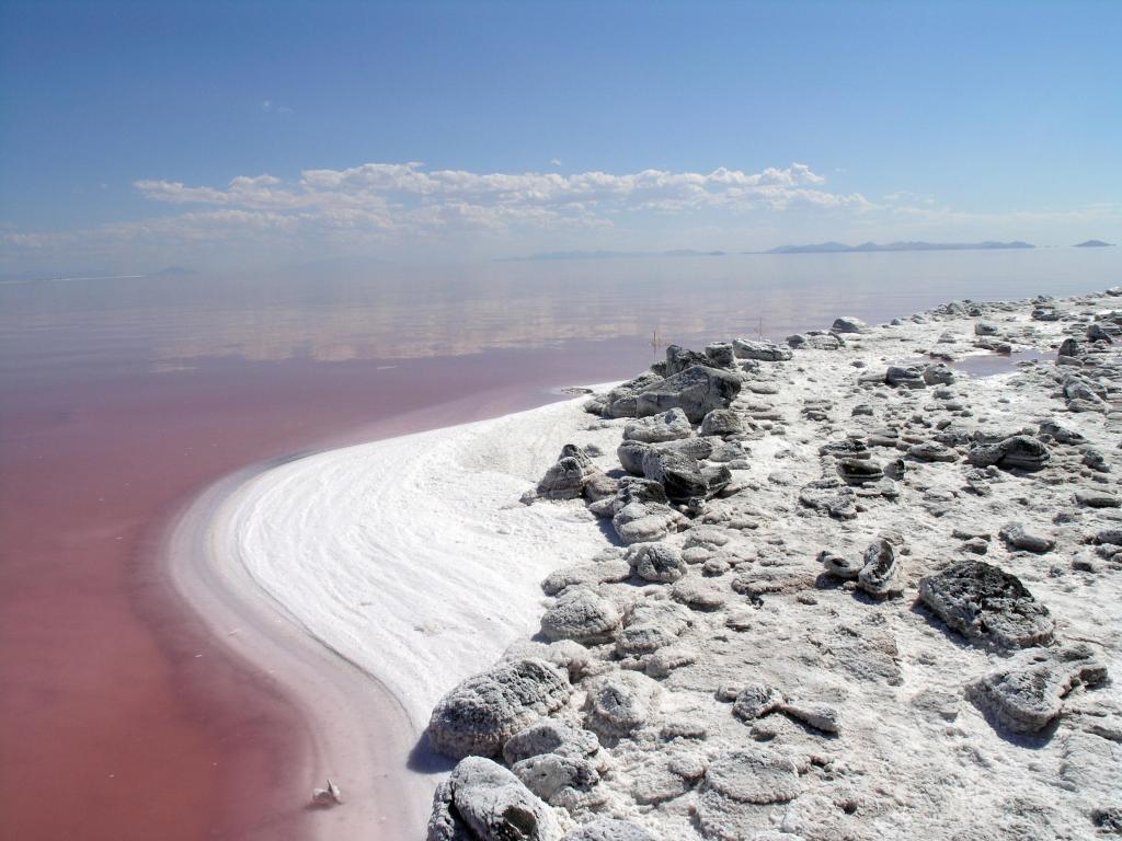 The salty shore of the great Salt Lake with mountains in the background. The water looks pink due to a special algae that grows in high levels of salt. Clouds float in the sky.