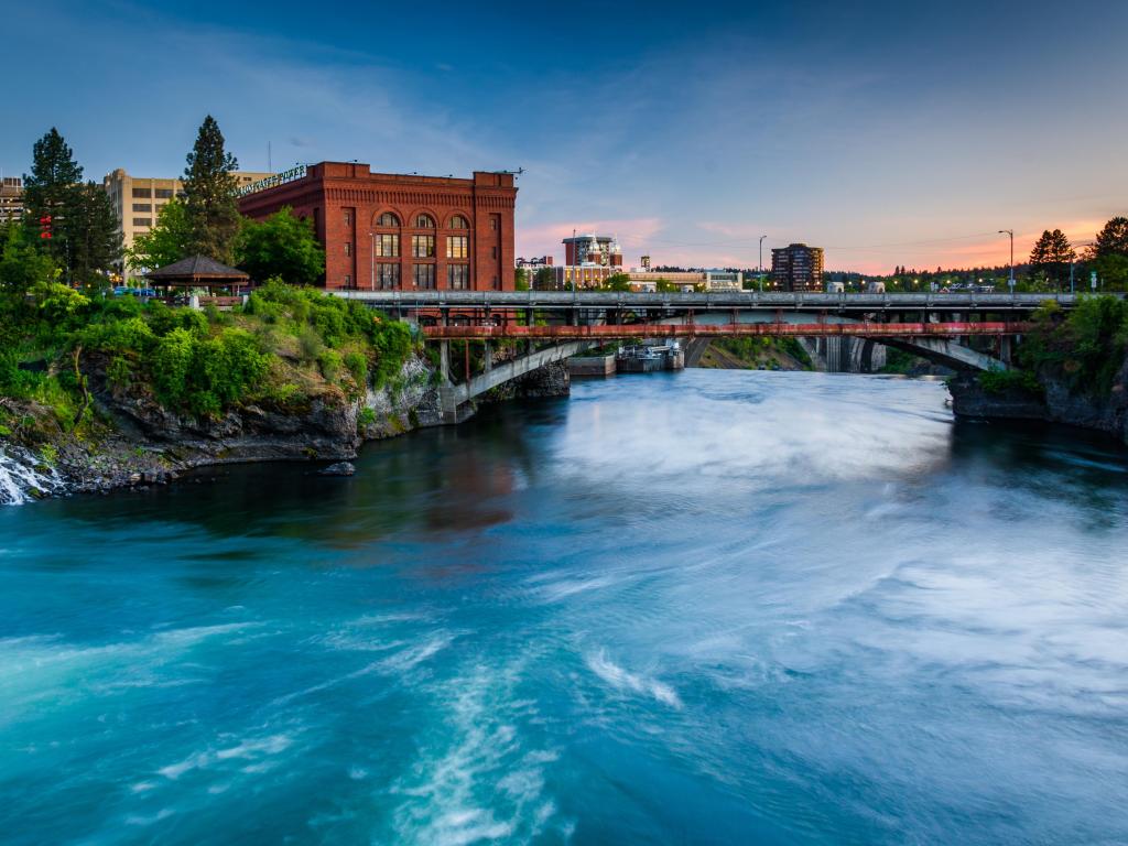 The Spokane River at sunset, in Spokane, Washington.