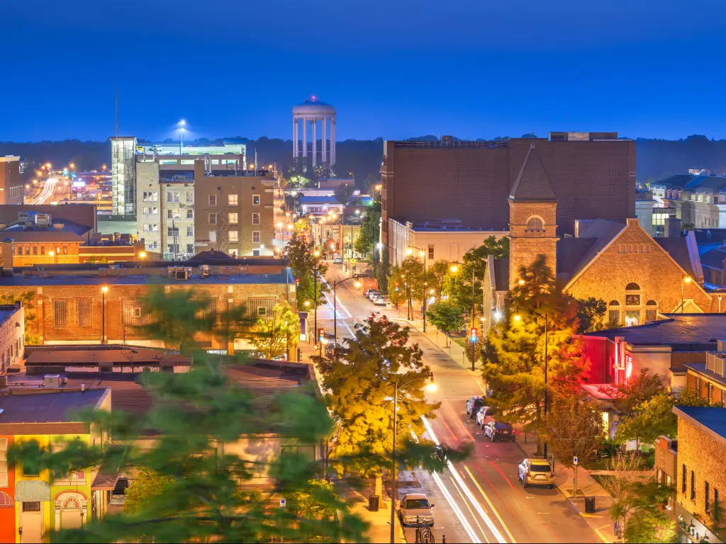 Columbia, Missouri, USA downtown city skyline at twilight.