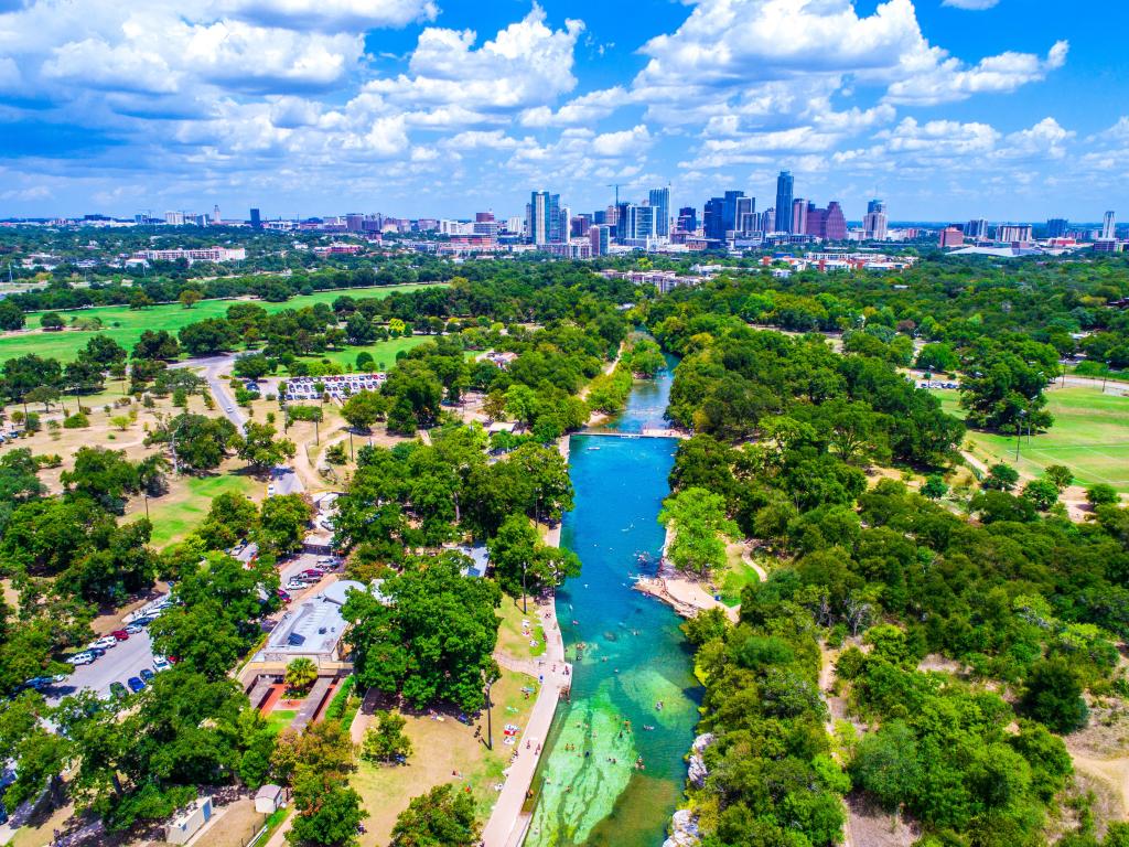 Aerial shot of Barton Springs Pool, Austin 