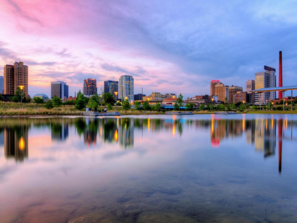 Birmingham, Alabama downtown skyline during a colorful sunset.