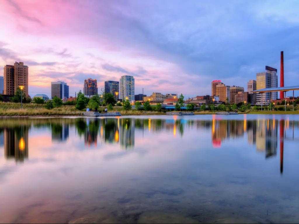 Birmingham, Alabama downtown skyline during a colorful sunset.