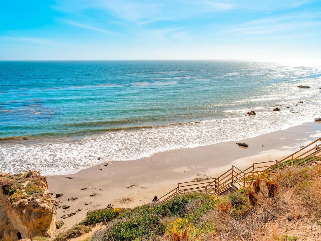 El Matador beach and beautiful landscape with rocks and ocean against blue sky, California