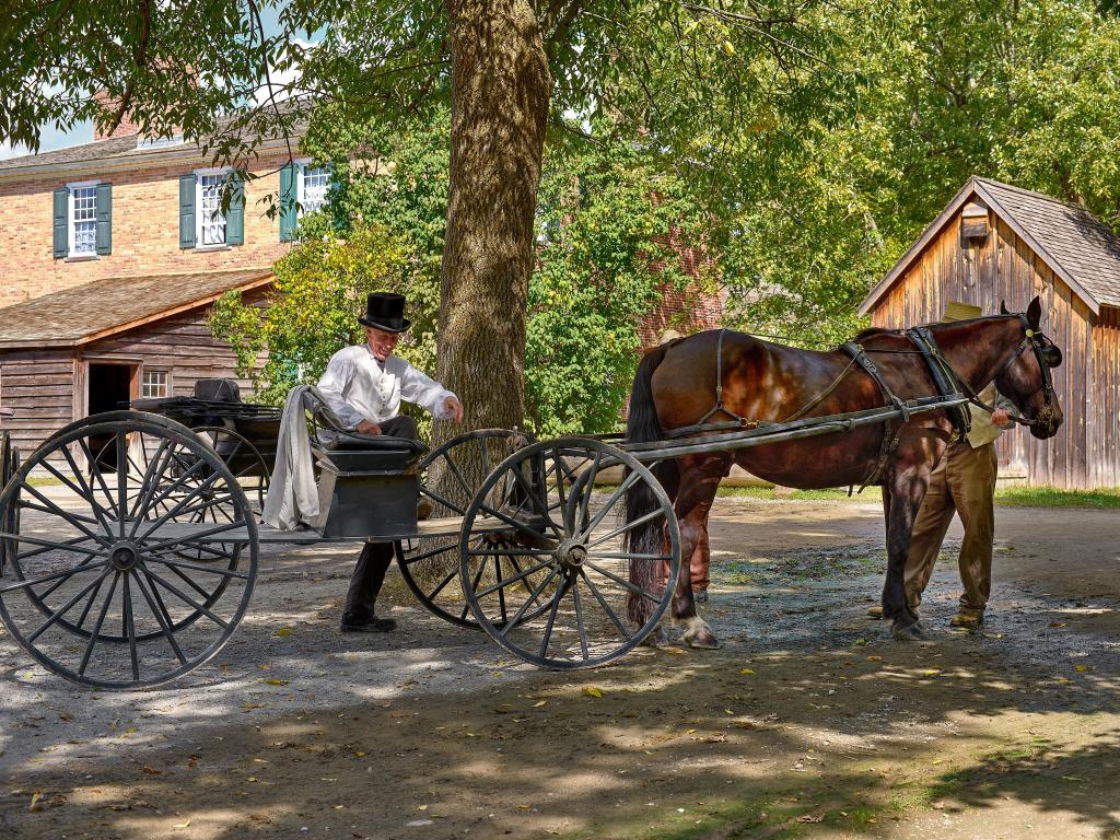 Man in period costume with horse drawn carriage at Ontario Open Air Museum, Morrisburg