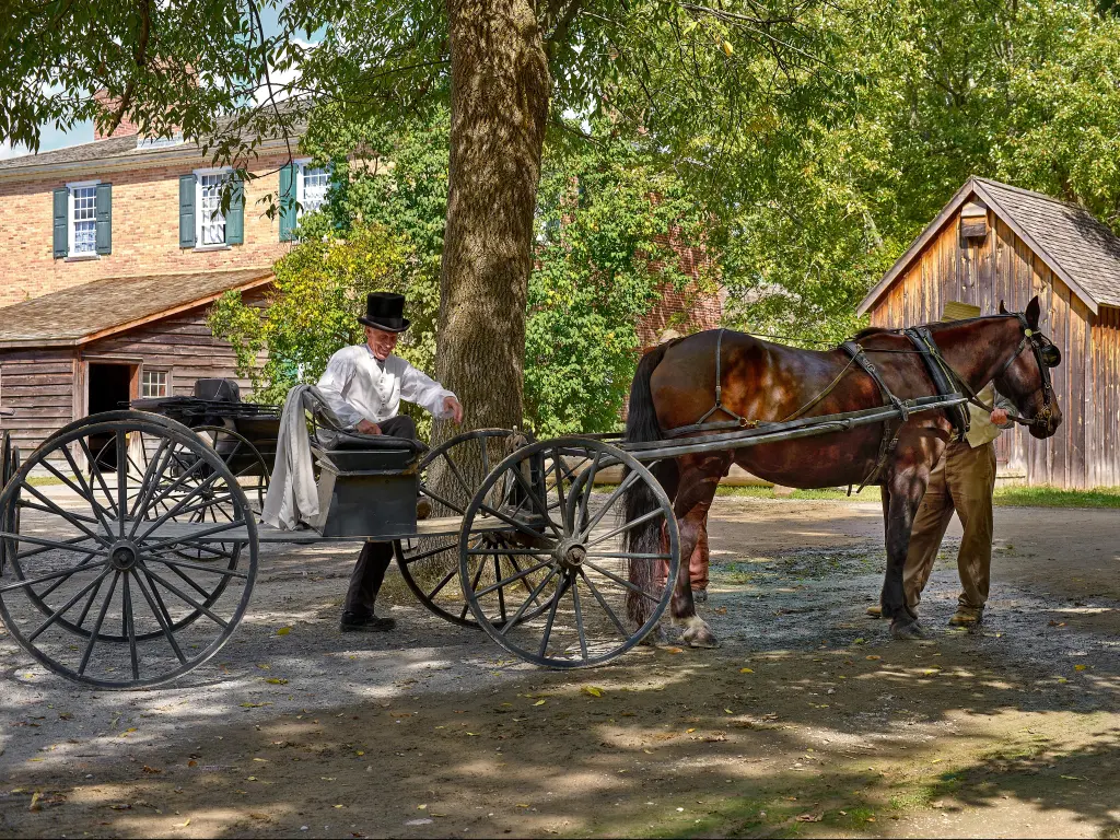 Man in period costume with horse drawn carriage at Ontario Open Air Museum, Morrisburg
