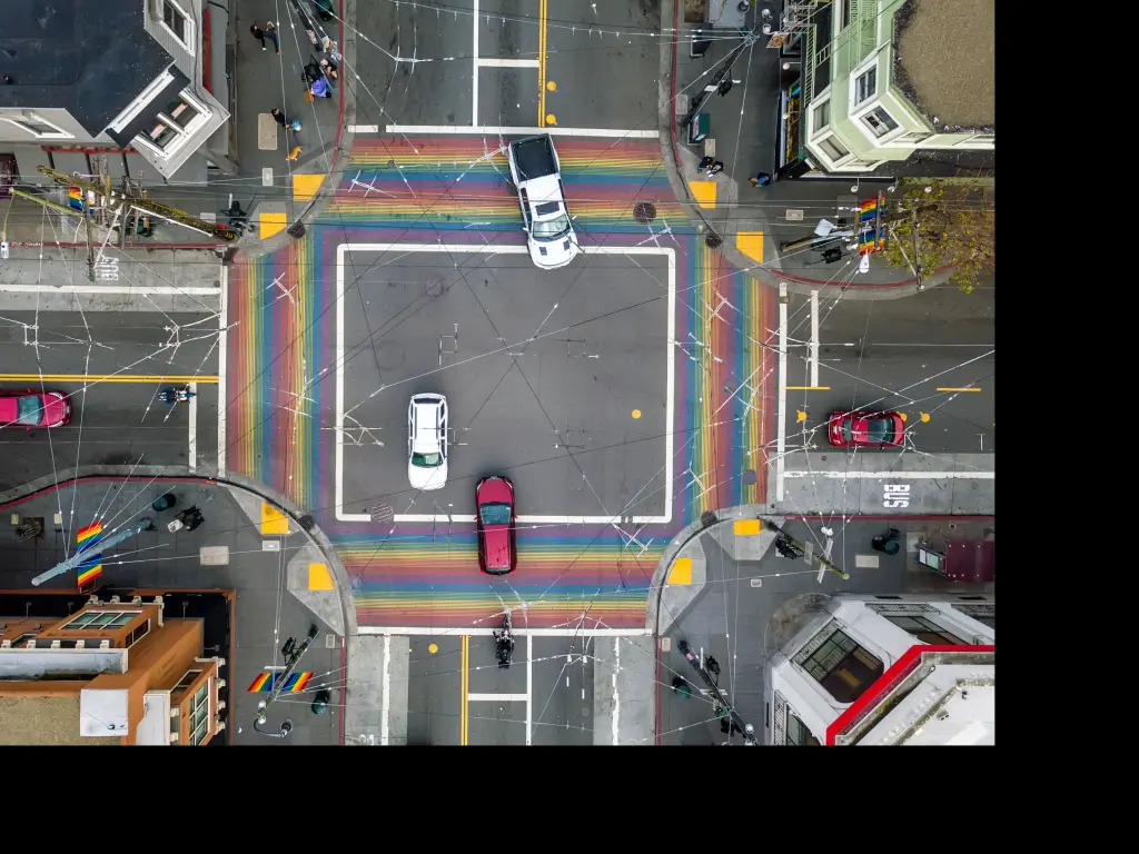 Aerial view of a cross-roads in the Castro with rainbow pedestrian crossings