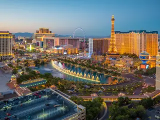 The Bellagio Fountain and Caesars Paris hotel on the Las Vegas Strip in Nevada