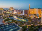 The Bellagio Fountain and Caesars Paris hotel on the Las Vegas Strip in Nevada