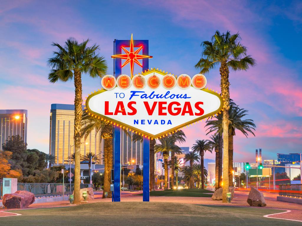 Las Vegas, Nevada, USA at the Welcome to Las Vegas Sign at dusk.