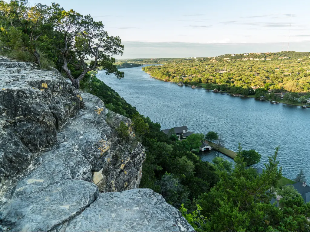 Mount Bonnell, Austin the highest point in Austin overlooking the river below and the houses beyond in the background.