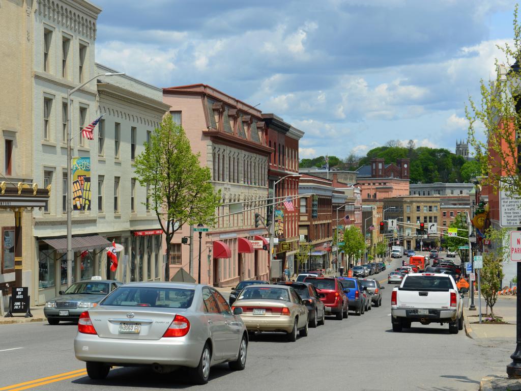 Traffic in the street in downtown Bangor, Maine