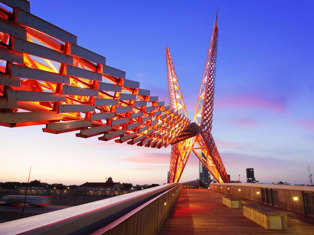 Bridge constructed with red metal angular shapes