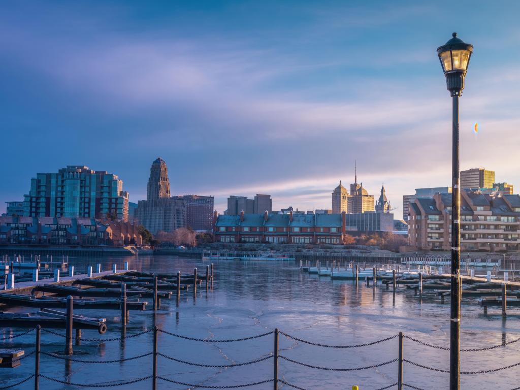 Buffalo NY USA: Buffalo cityscape view at early cold morning from erie basin marina.