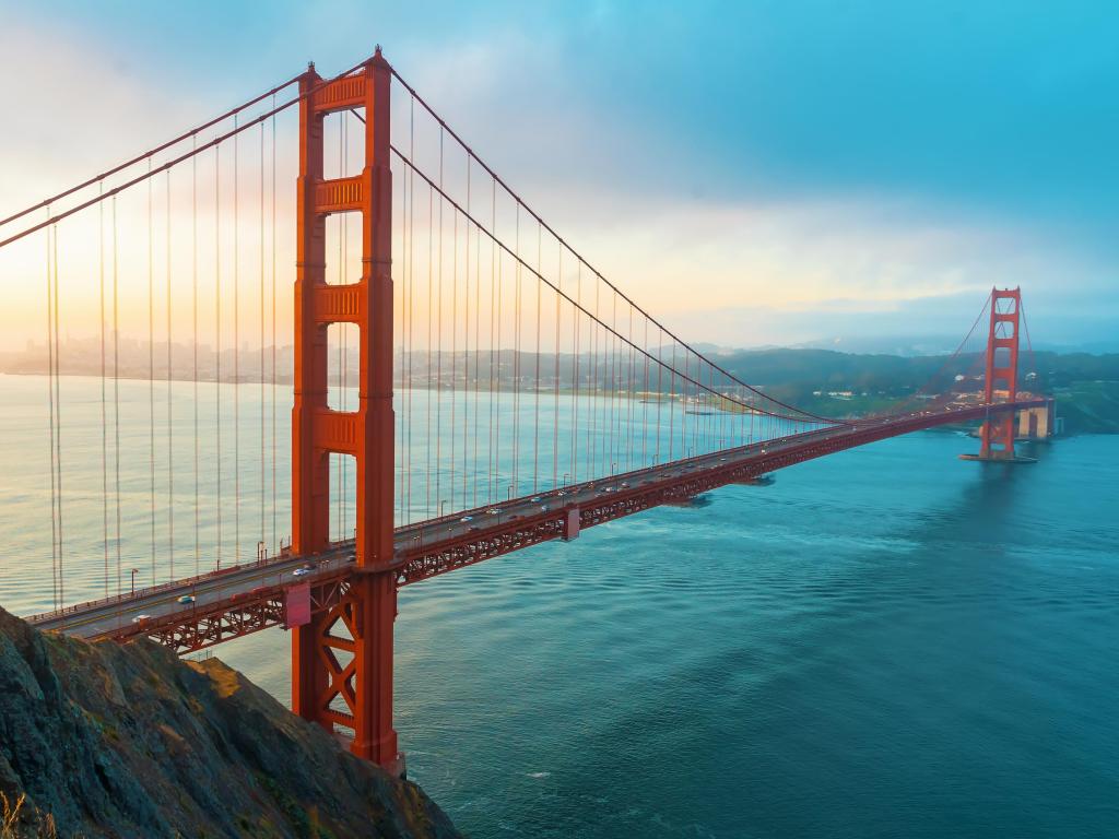 The red golden Gate bridge over the water in San Francisco