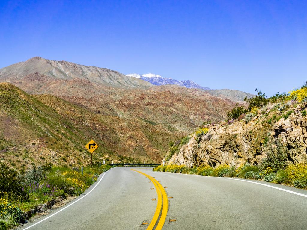 Road going towards Coachella Valley through Santa Rosa and San Jacinto Mountains National Monument, south California in summer time