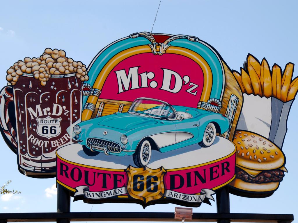 Famous Mr. D'z Diner on Route 66 in Kingman, Arizona, with blue sky above