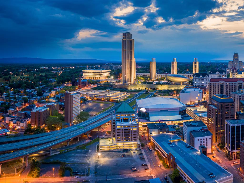 Albany, New York State, USA taken as an aerial shot of the city at dusk. 