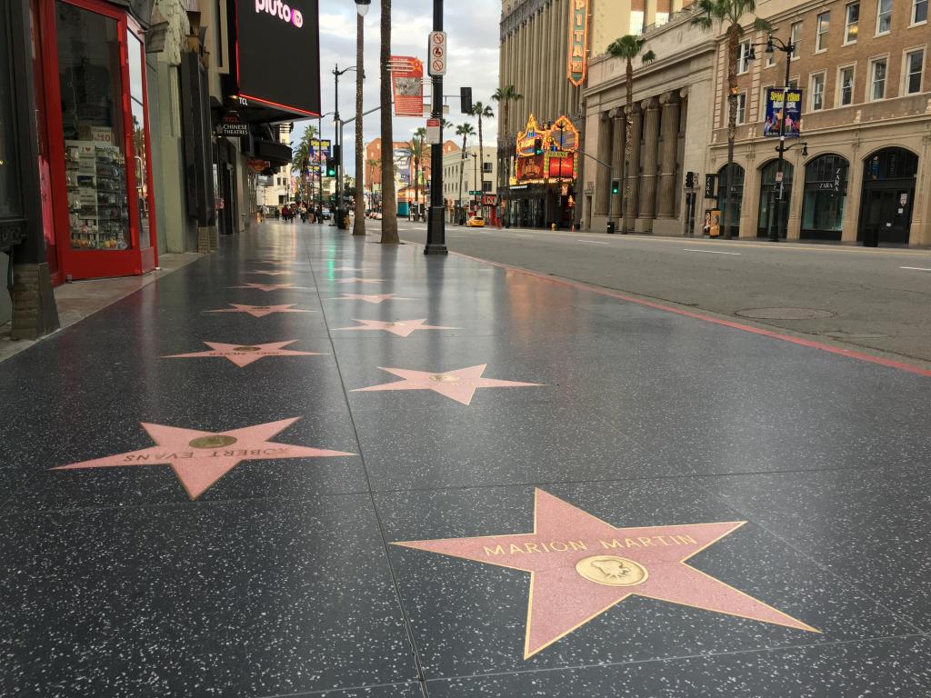 Hollywood Walk of Fame, without any people. Neon lights in the background