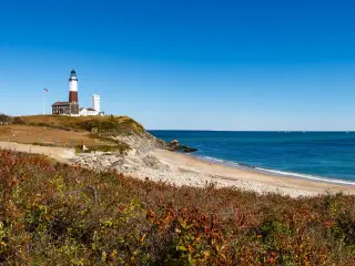 Scenic lighthouse in Long Island on a sunny day